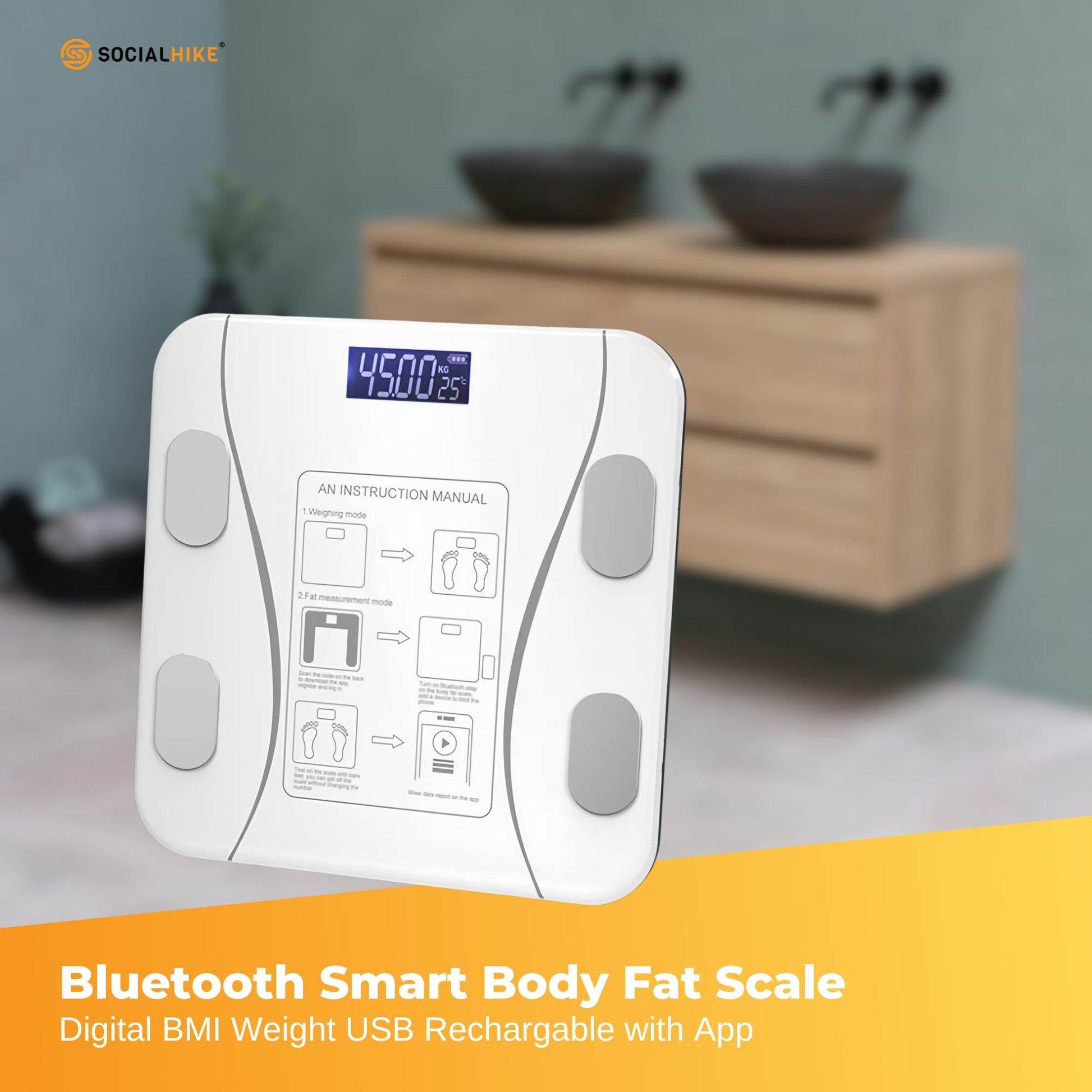 Bluetooth Smart Body Fat Scale White - Digital BMI Weight USB Recharge with App - Image 3