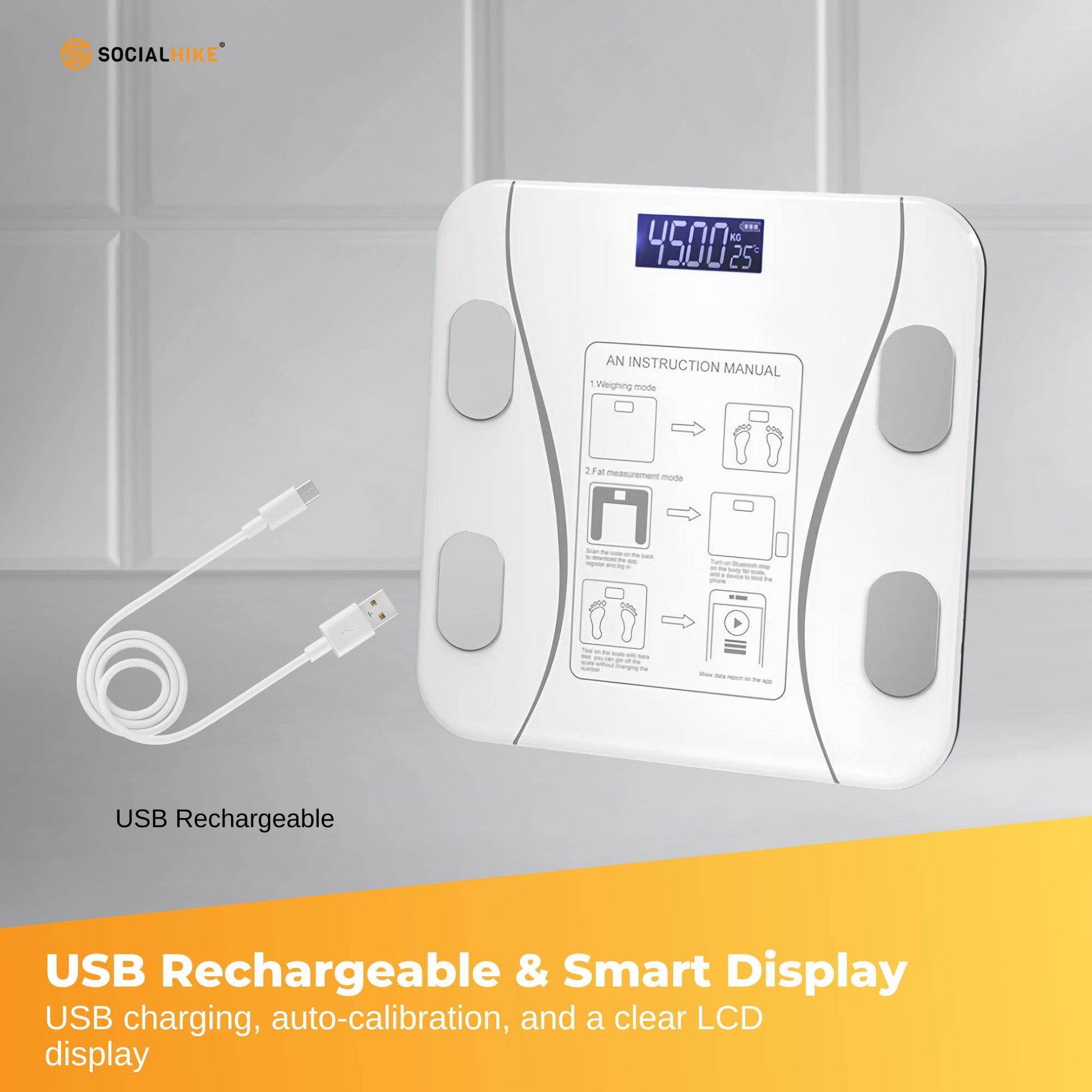 Bluetooth Smart Body Fat Scale White - Digital BMI Weight USB Recharge with App - Image 5