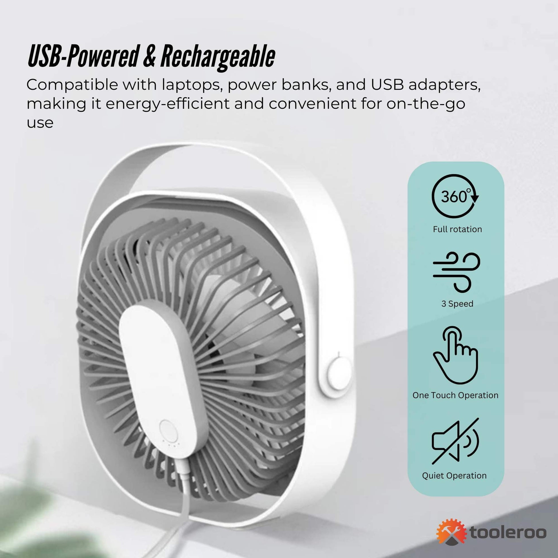 3-Speed USB 20cm Desktop Fan - Quiet Portable Lightweight Rechargeable Cooler - Image 4
