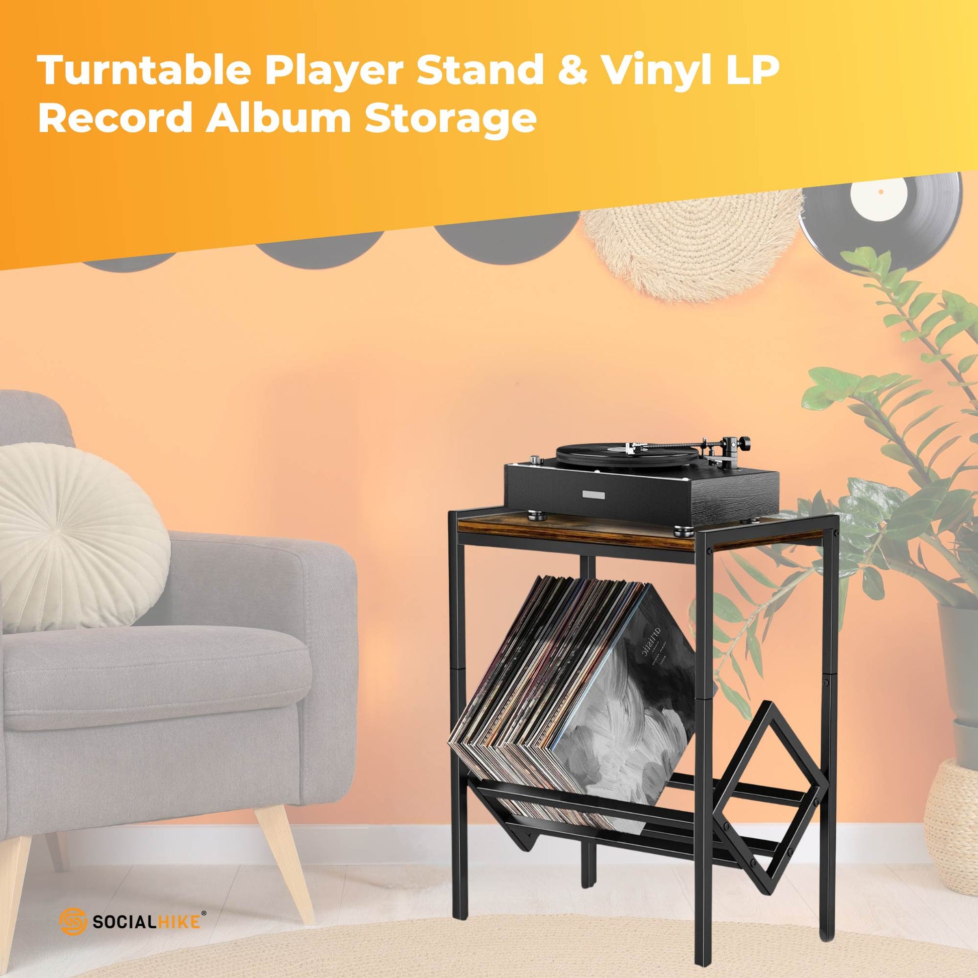 Social Hike Turntable Player Stand & Vinyl LP Record Album Storage - Black Metal - Image 2