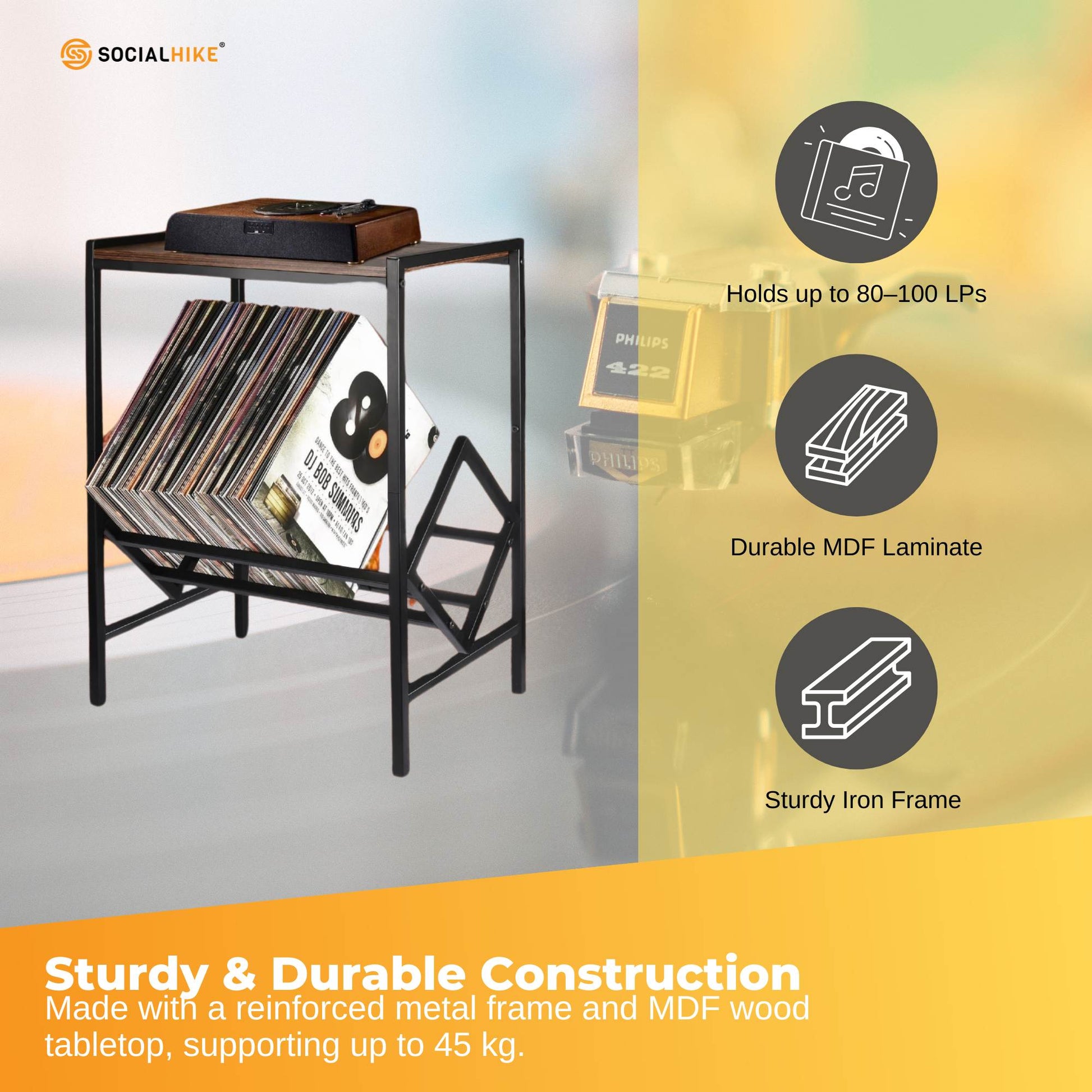 Social Hike Turntable Player Stand & Vinyl LP Record Album Storage - Black Metal - Image 3