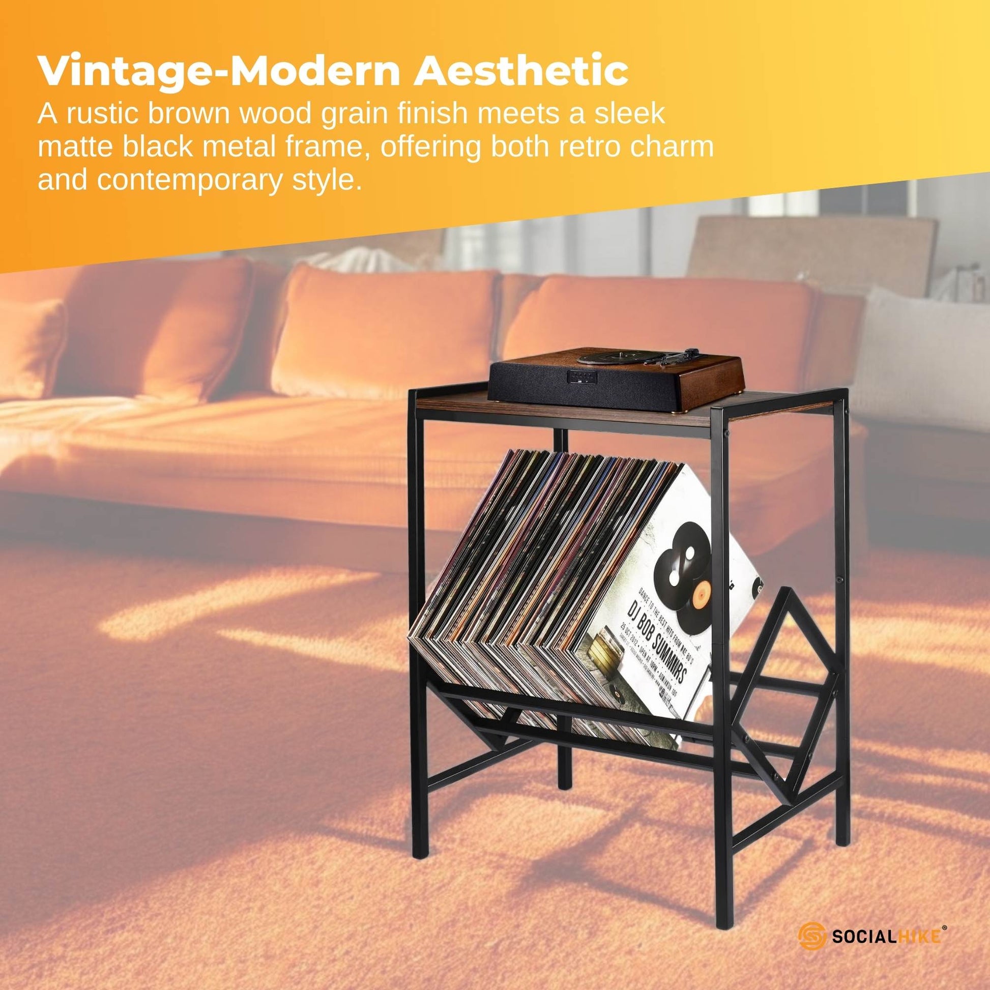 Social Hike Turntable Player Stand & Vinyl LP Record Album Storage - Black Metal - Image 8