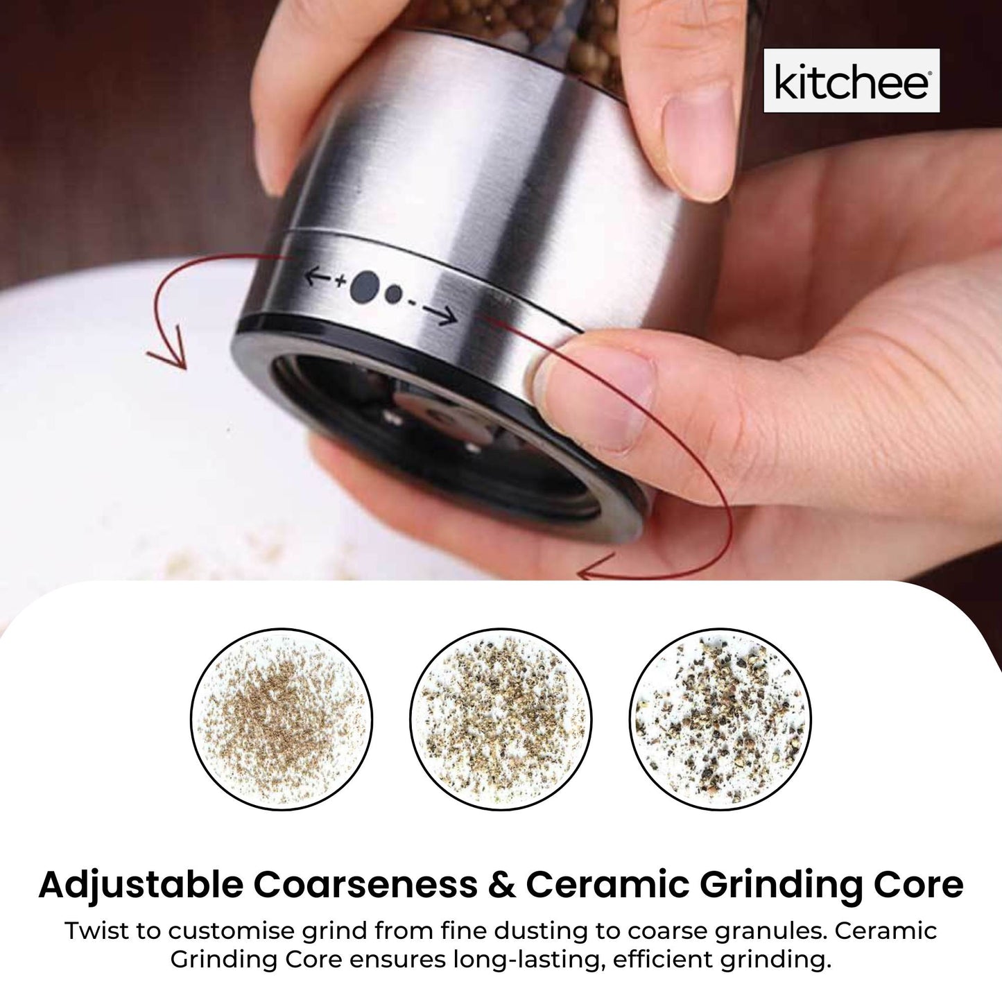 Kitchee Stainless Steel Salt Pepper Spice Grinder Mill - Adjustable Coarseness - Image 5