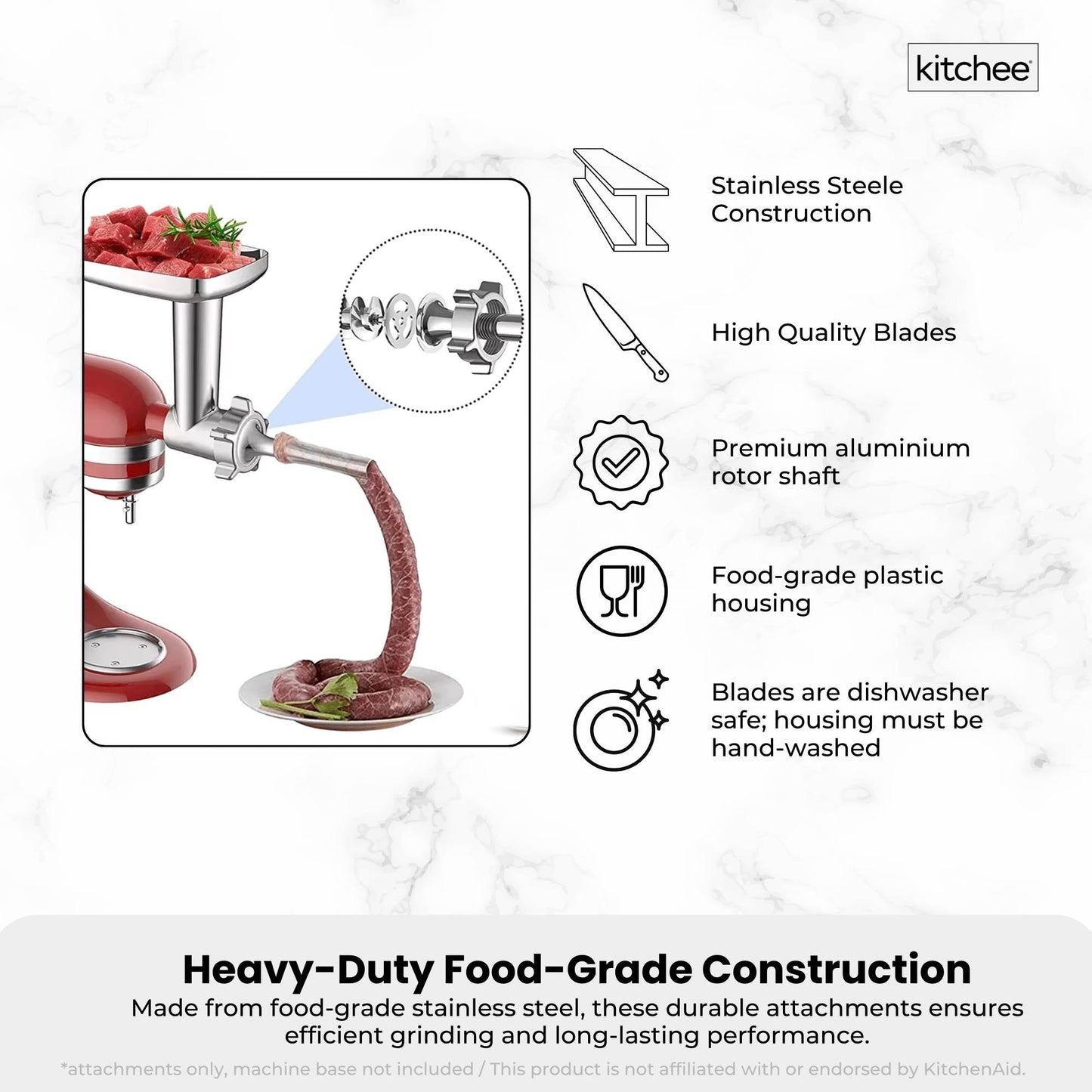 Kitchee Meat Food Grinder Sausage Attachment - Compatible with KitchenAid Mixers - Image 5