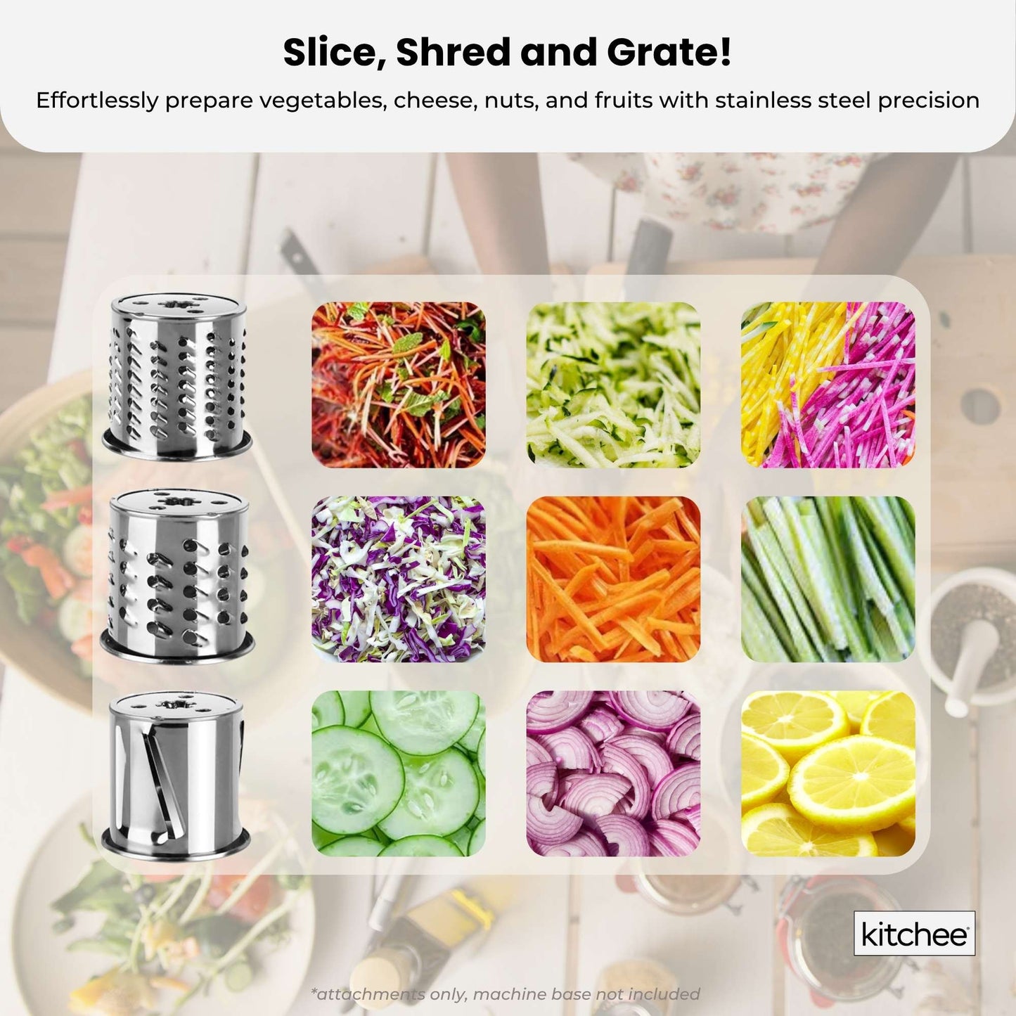 Kitchee Slicer Shredder Grater 3 Attachments - Compatible with KitchenAid Mixer - Image 3