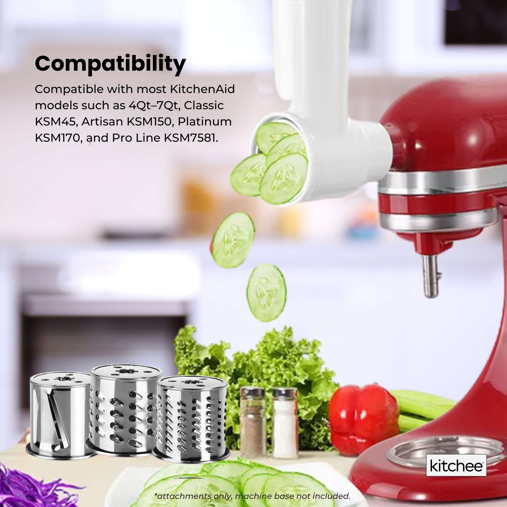 Kitchee Slicer Shredder Grater 3 Attachments - Compatible with KitchenAid Mixer - Image 6