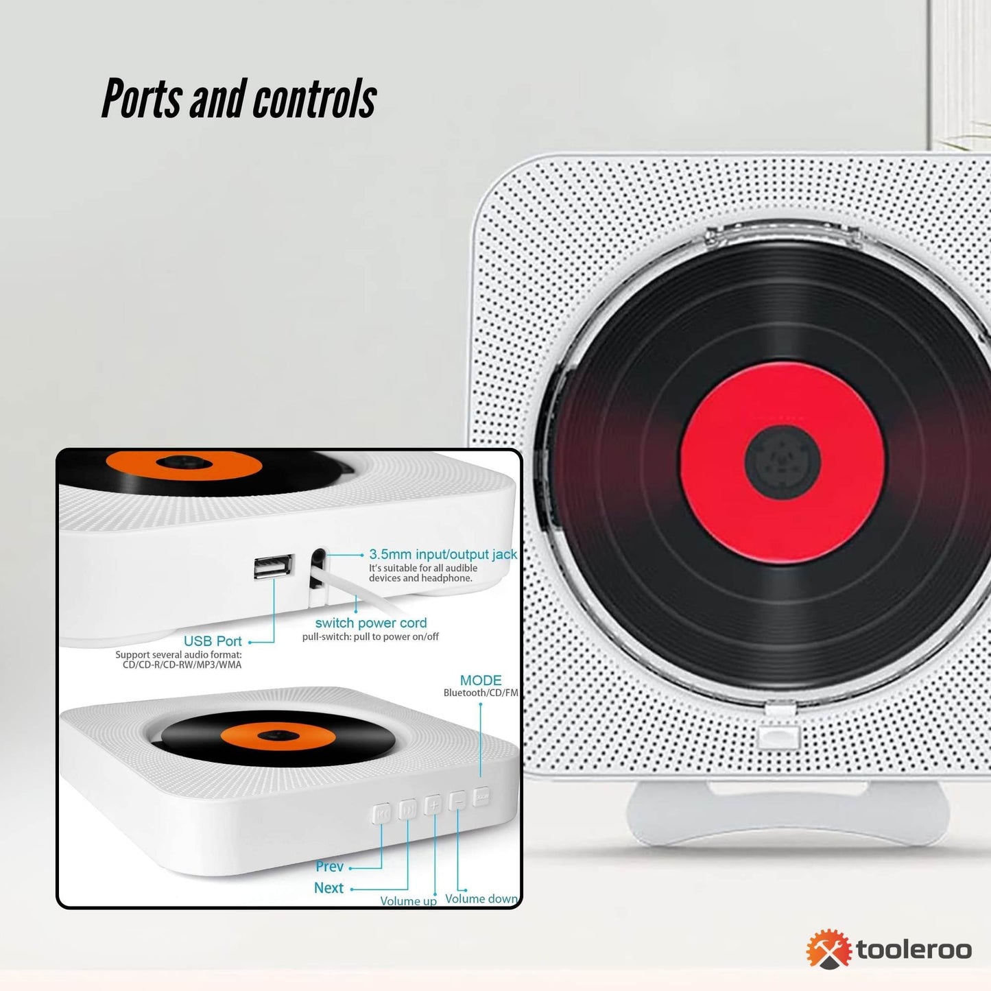 Tooleroo Wall Mountable CD Player Speaker - Bluetooth HiFi FM Radio White - Image 3