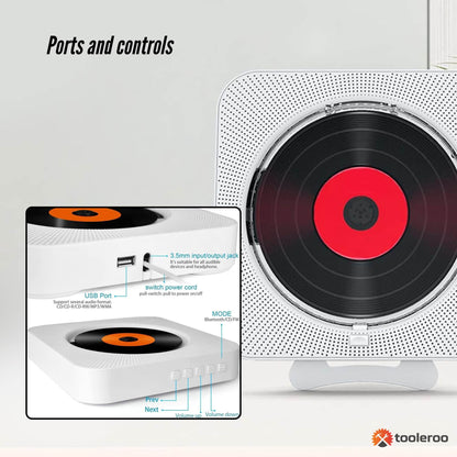 Tooleroo Wall Mountable CD Player Speaker - Bluetooth HiFi FM Radio White - Image 3
