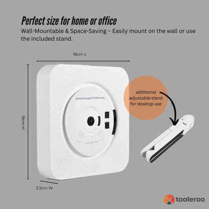 Tooleroo Wall Mountable CD Player Speaker - Bluetooth HiFi FM Radio White - Image 4