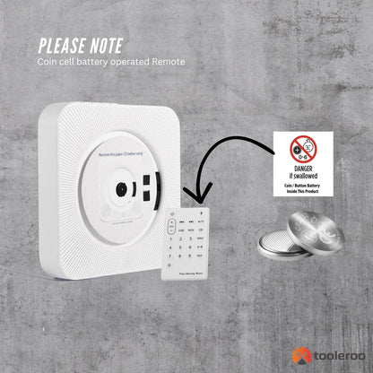Tooleroo Wall Mountable CD Player Speaker - Bluetooth HiFi FM Radio White - Image 6