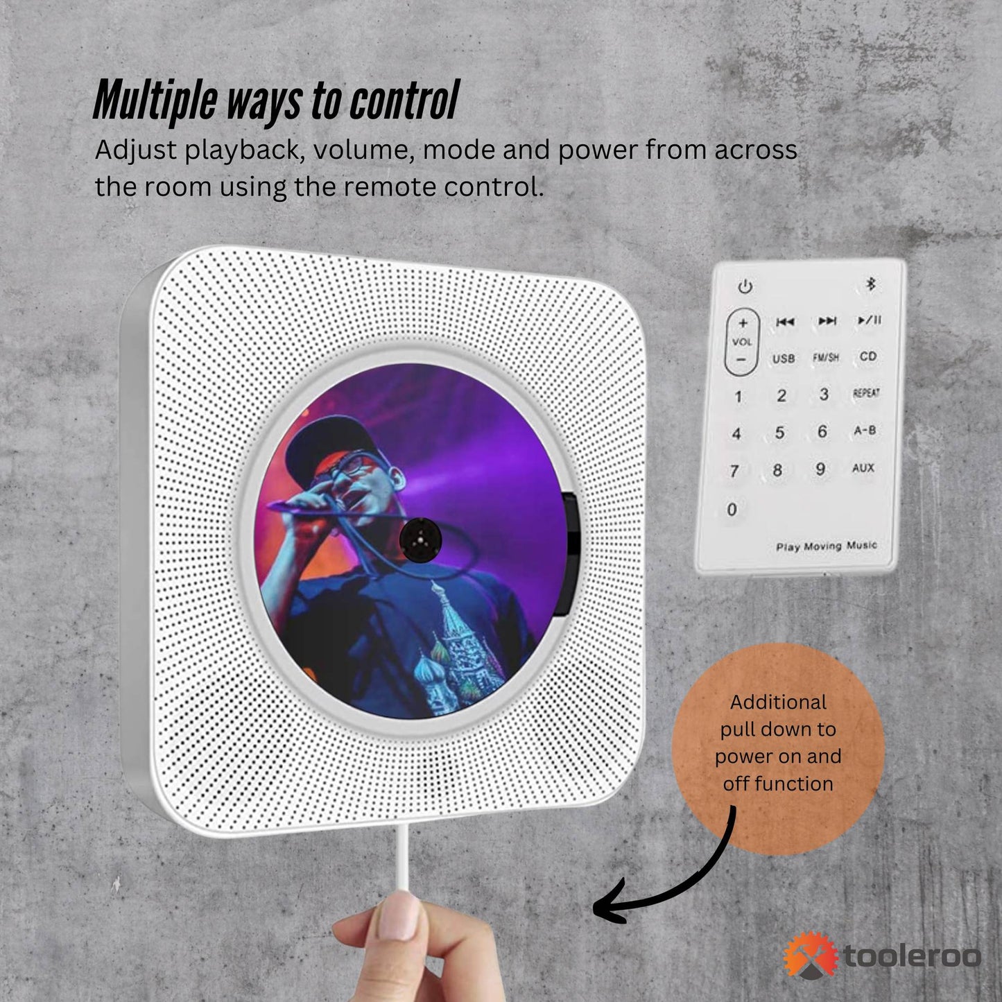 Tooleroo Wall Mountable CD Player Speaker - Bluetooth HiFi FM Radio White - Image 9
