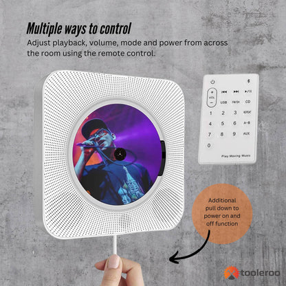 Tooleroo Wall Mountable CD Player Speaker - Bluetooth HiFi FM Radio White - Image 9