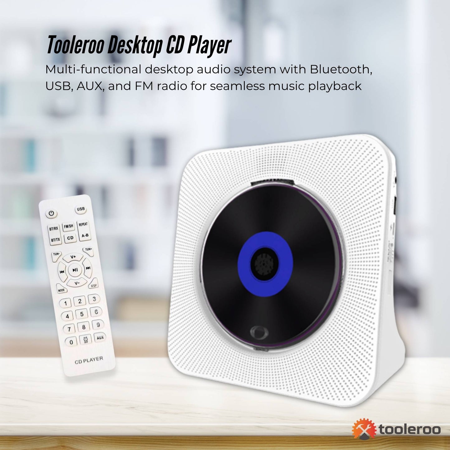 Tooleroo USB Rechargeable Desktop CD Player Speaker – Bluetooth Portable White - Image 2