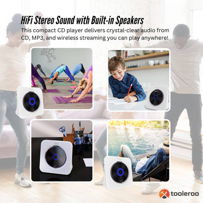 Tooleroo USB Rechargeable Desktop CD Player Speaker – Bluetooth Portable White - Image 3