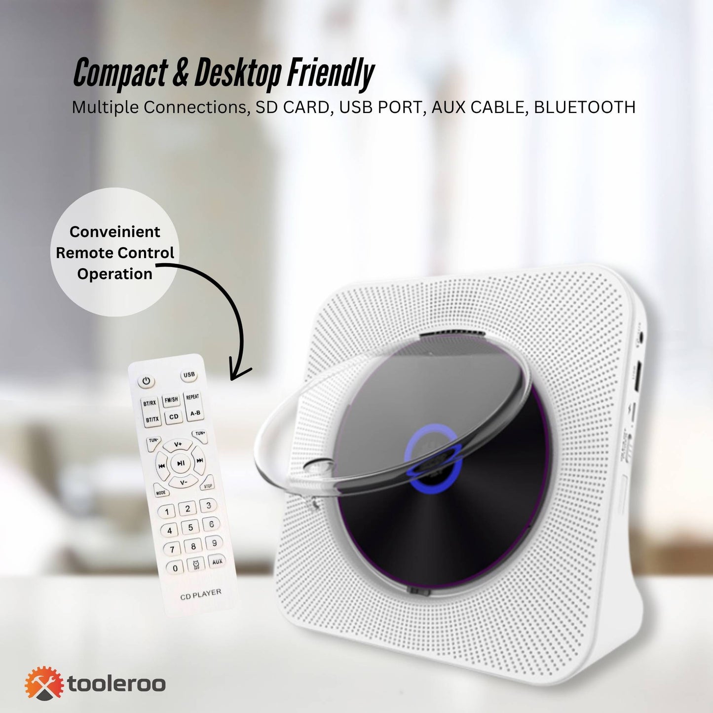 Tooleroo USB Rechargeable Desktop CD Player Speaker – Bluetooth Portable White - Image 7