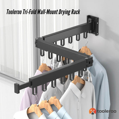 Tooleroo Clothes Drying Rack Tri-Fold Wall-Mount Space-Saving Laundry Hanger - Image 2