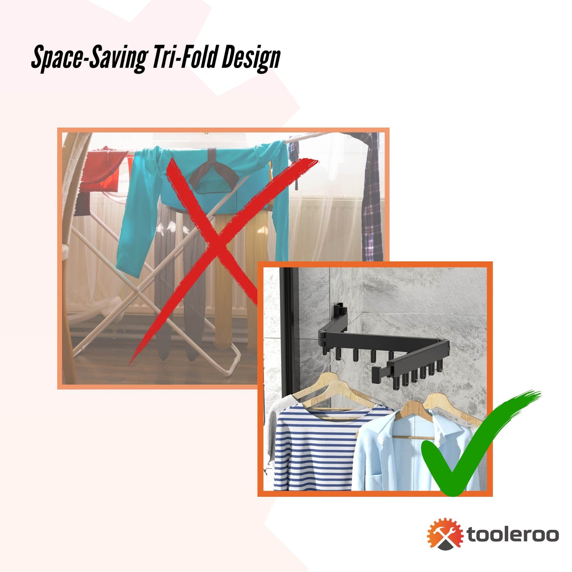 Tooleroo Clothes Drying Rack Tri-Fold Wall-Mount Space-Saving Laundry Hanger - Image 6