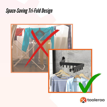 Tooleroo Clothes Drying Rack Tri-Fold Wall-Mount Space-Saving Laundry Hanger - Image 6