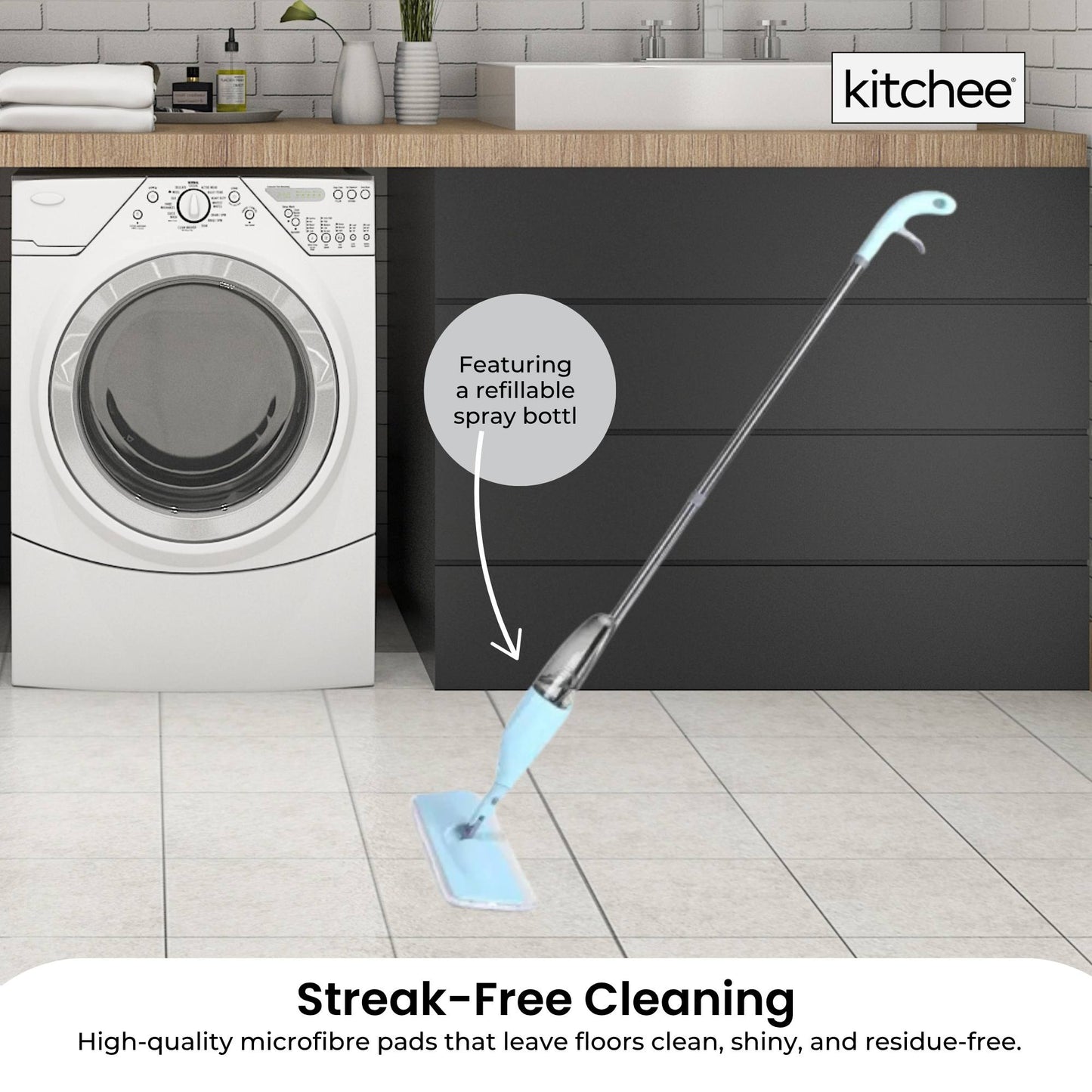Kitchee Refillable Spray Floor Mop with Reusable & Washable Multi-Surface Microfibre Pad - Image 3