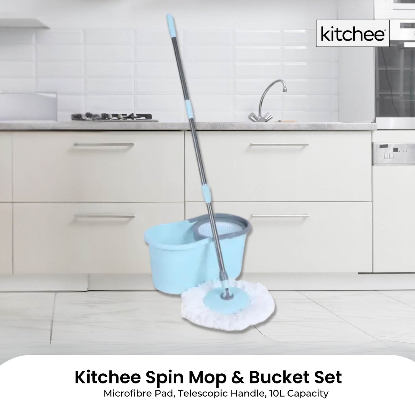 Kitchee Spin Mop & Bucket Set – Microfibre Pad, Telescopic Handle, 10L Capacity - Image 2