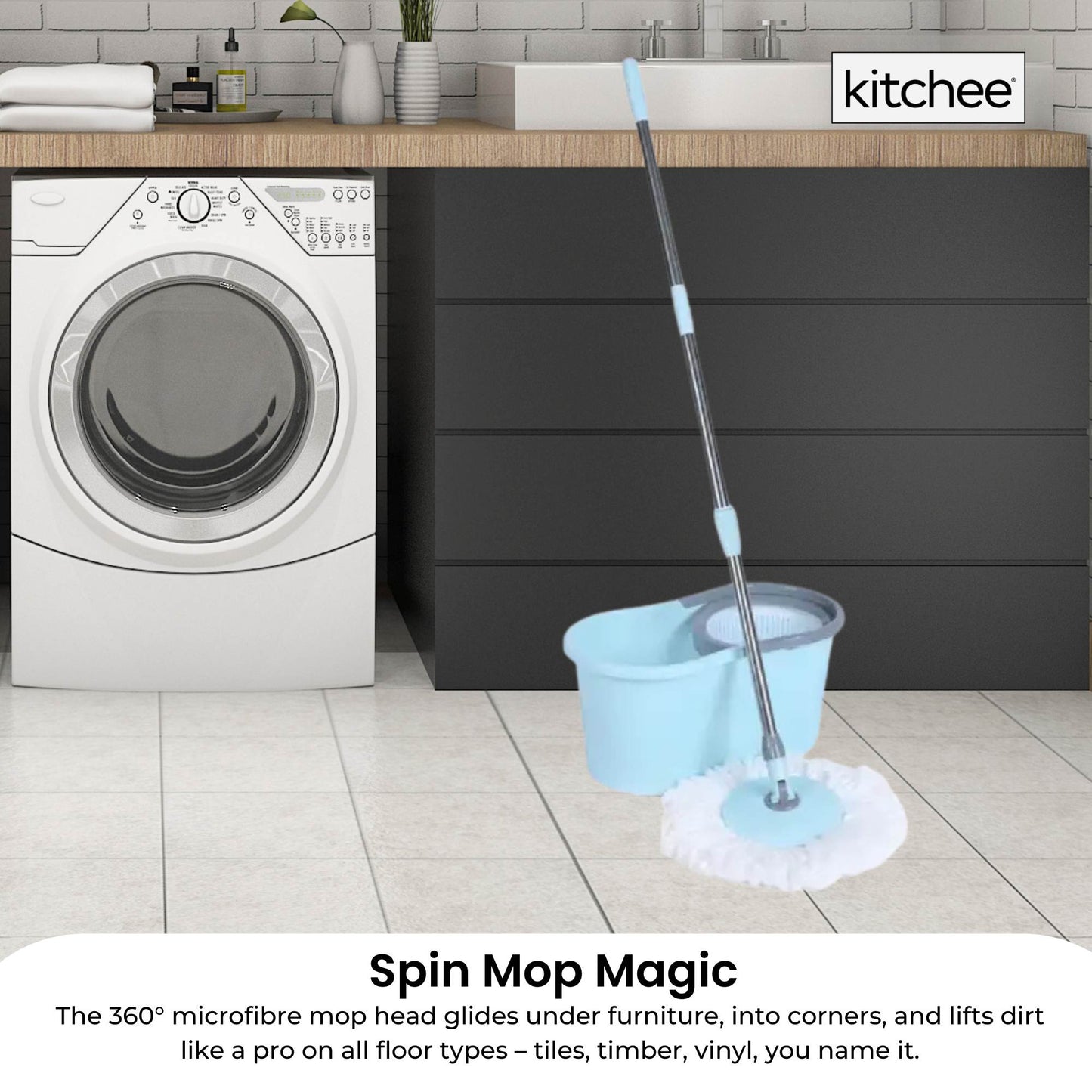 Kitchee Spin Mop & Bucket Set – Microfibre Pad, Telescopic Handle, 10L Capacity - Image 4