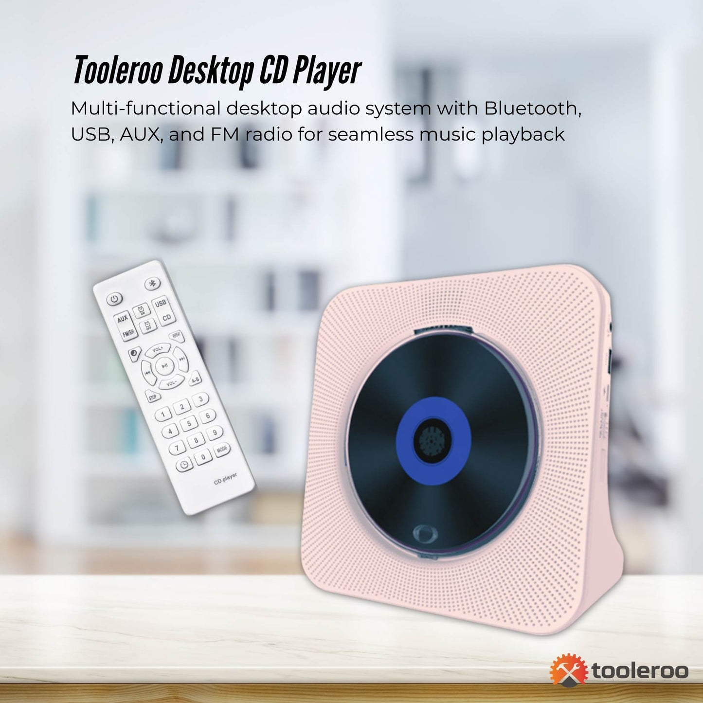 Tooleroo USB Rechargeable Desktop CD Player Speaker – Bluetooth Portable Pink - Image 2