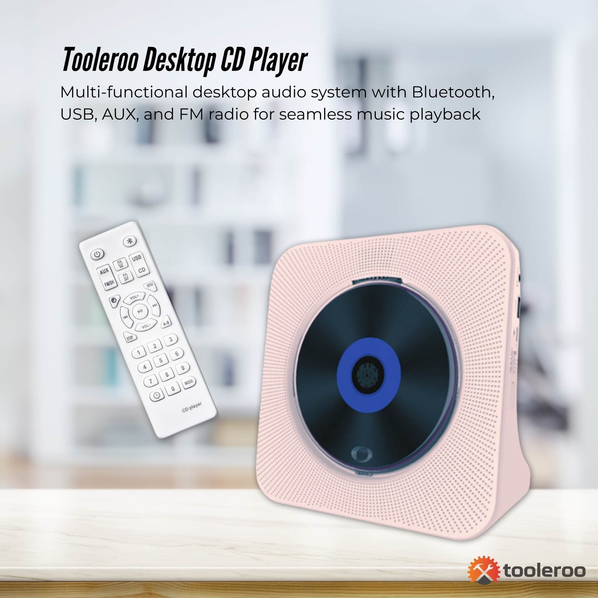 Tooleroo USB Rechargeable Desktop CD Player Speaker – Bluetooth Portable Pink - Image 2