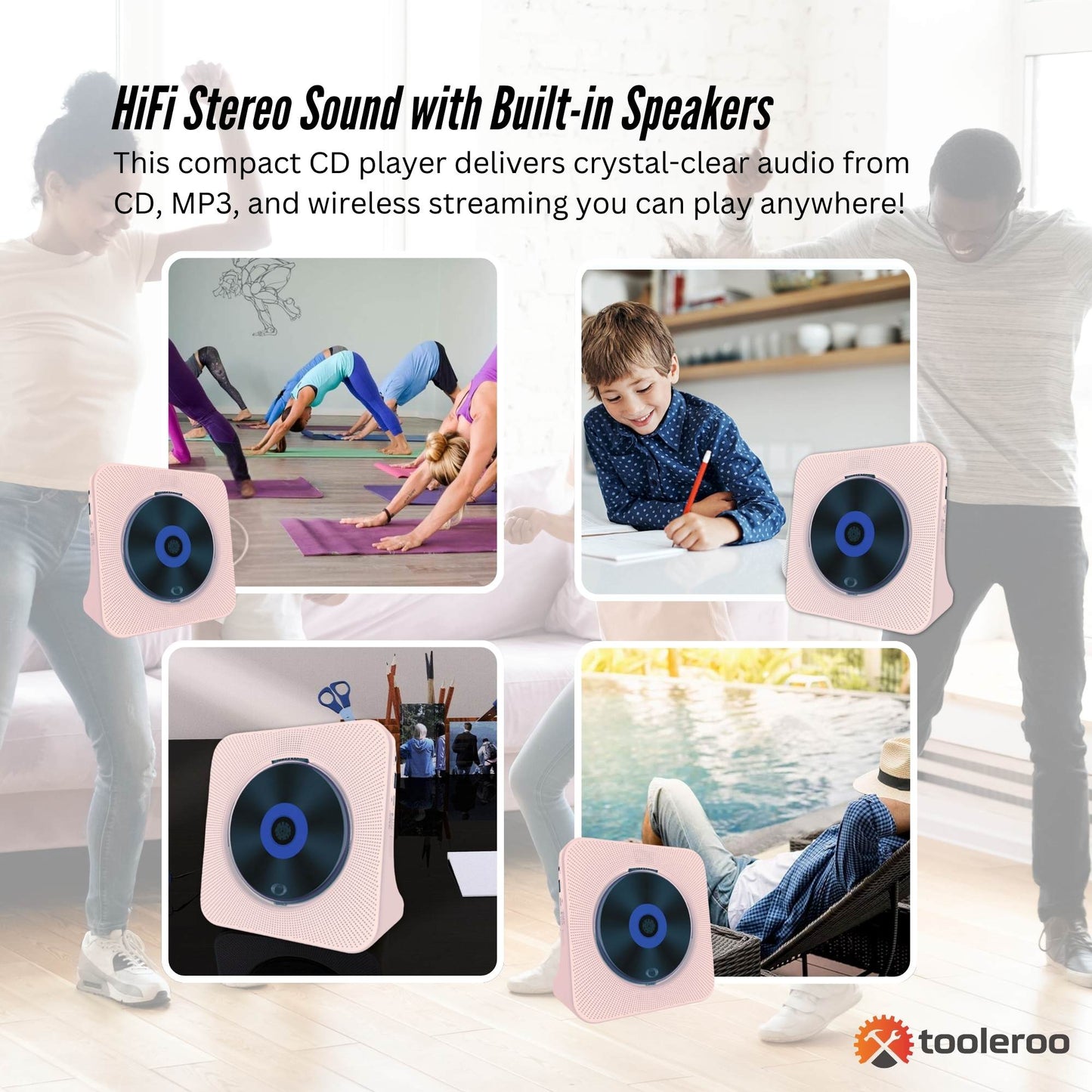 Tooleroo USB Rechargeable Desktop CD Player Speaker – Bluetooth Portable Pink - Image 3