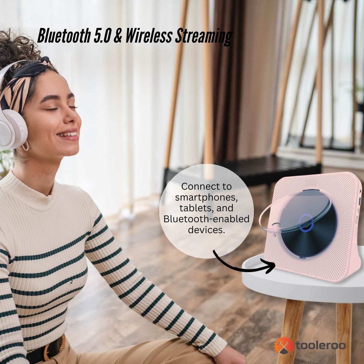 Tooleroo USB Rechargeable Desktop CD Player Speaker – Bluetooth Portable Pink - Image 5