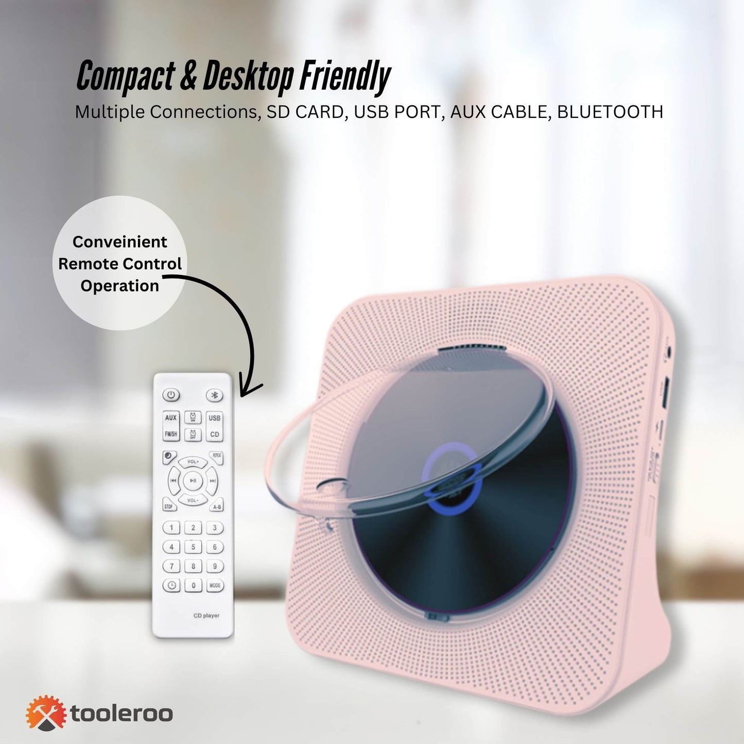Tooleroo USB Rechargeable Desktop CD Player Speaker – Bluetooth Portable Pink - Image 7