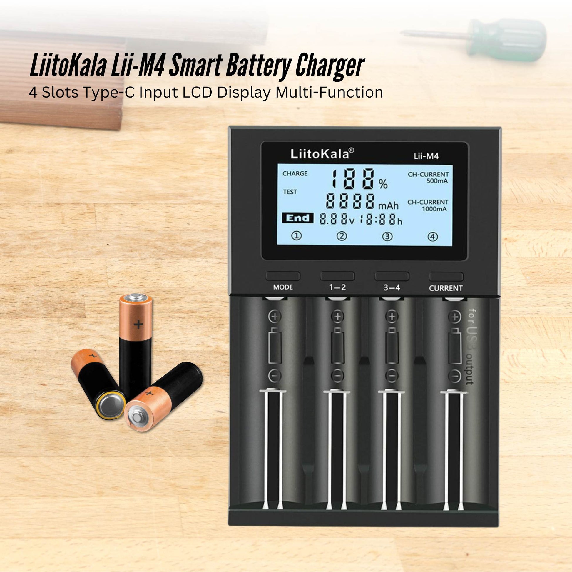 LiitoKala Lii-M4 Smart Battery Charger LCD - 4-Slot USB for 18650 AA AAA Li-ion - Image 2
