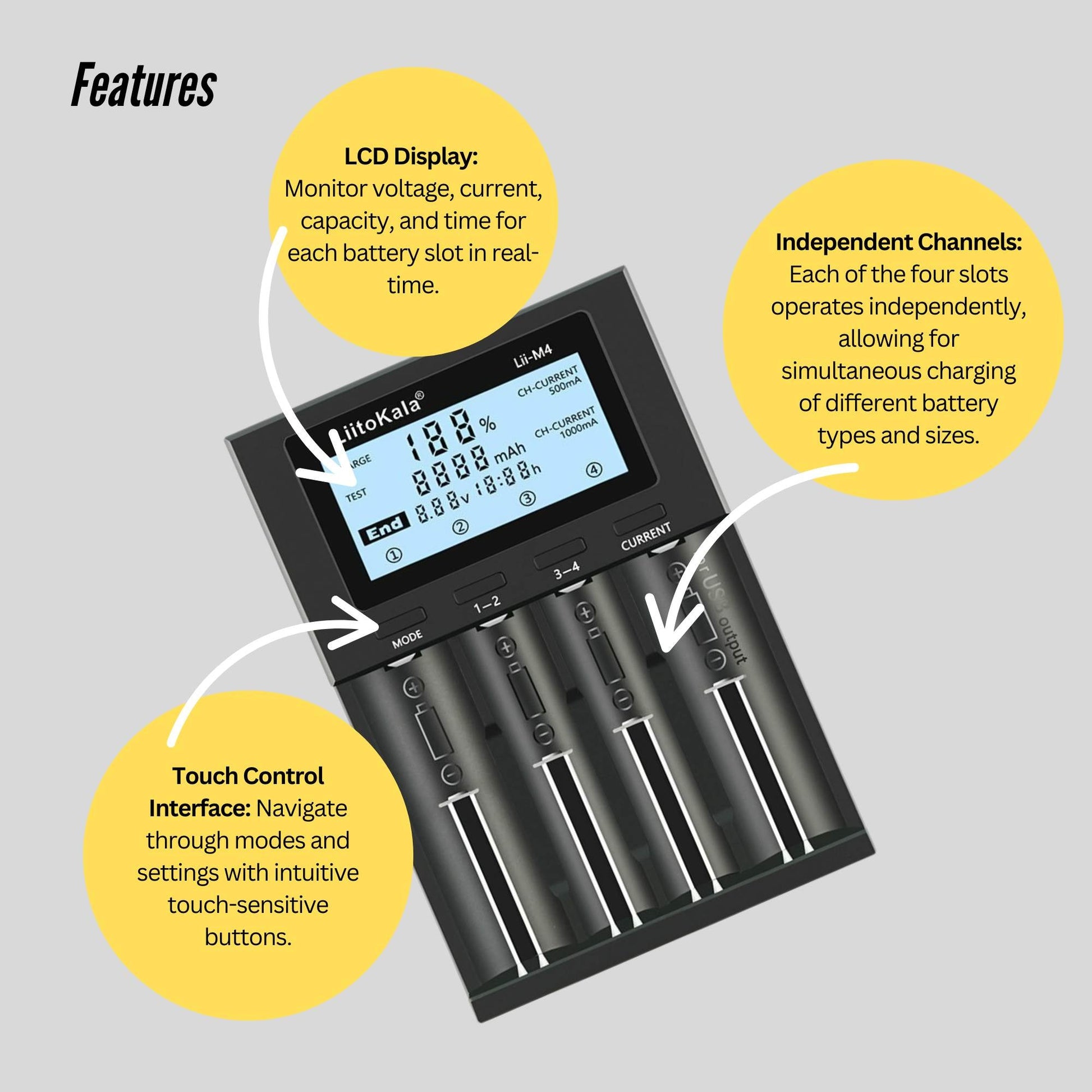 LiitoKala Lii-M4 Smart Battery Charger LCD - 4-Slot USB for 18650 AA AAA Li-ion - Image 5