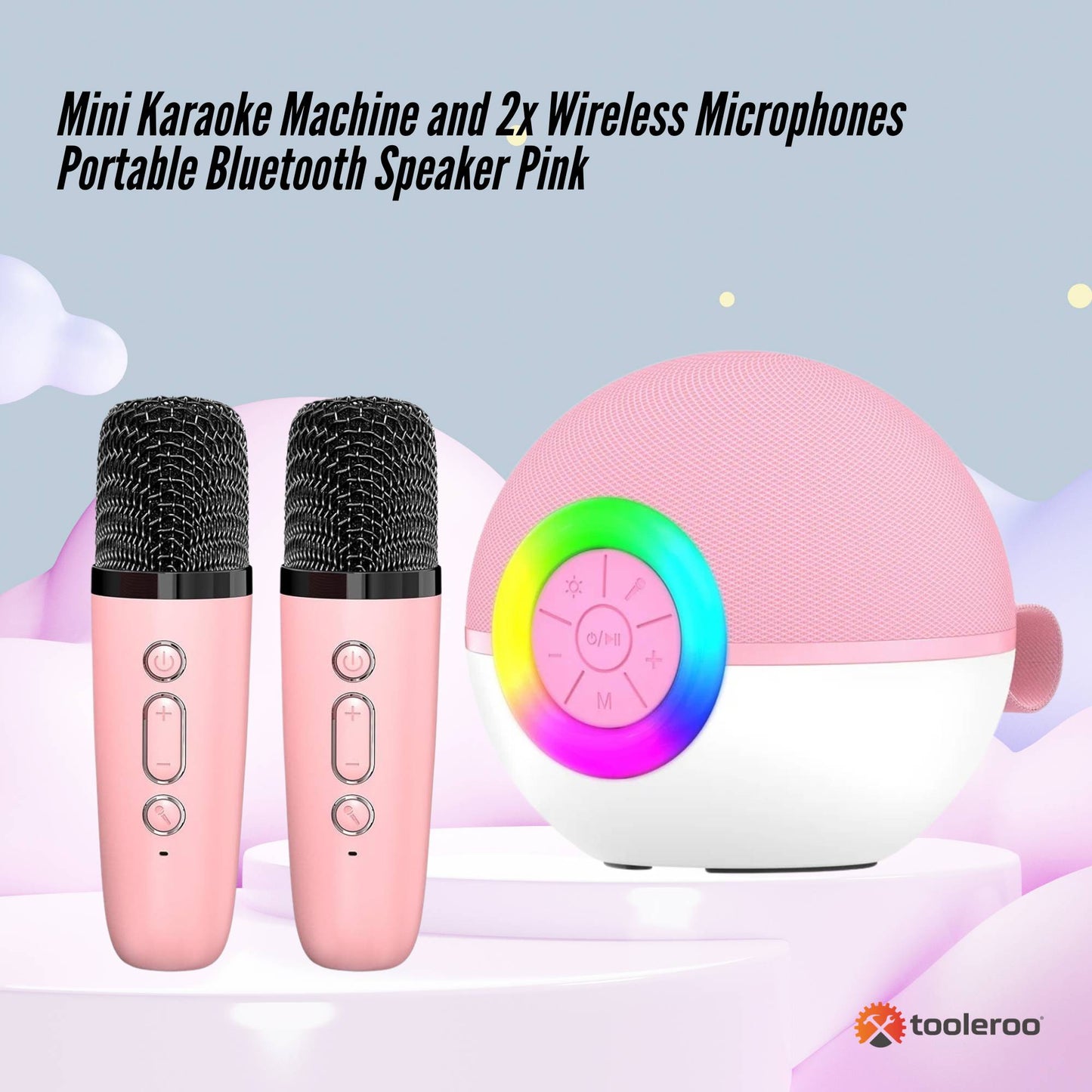 Mini Karaoke Machine and 2x Wireless Microphones Portable Bluetooth Speaker Pink - Image 2