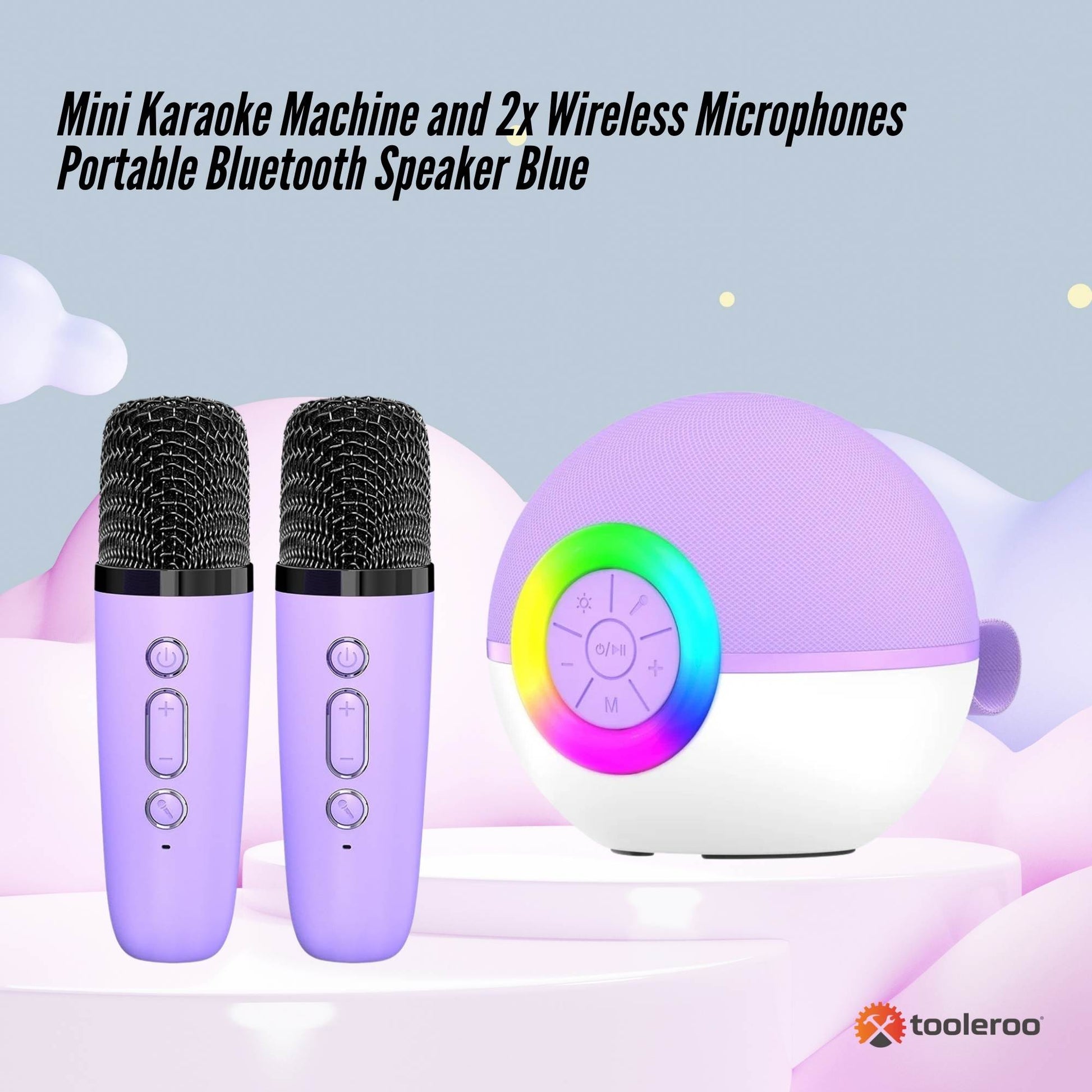 Mini Karaoke Machine - 2x Wireless Microphones Portable Bluetooth Speaker Purple - Image 2