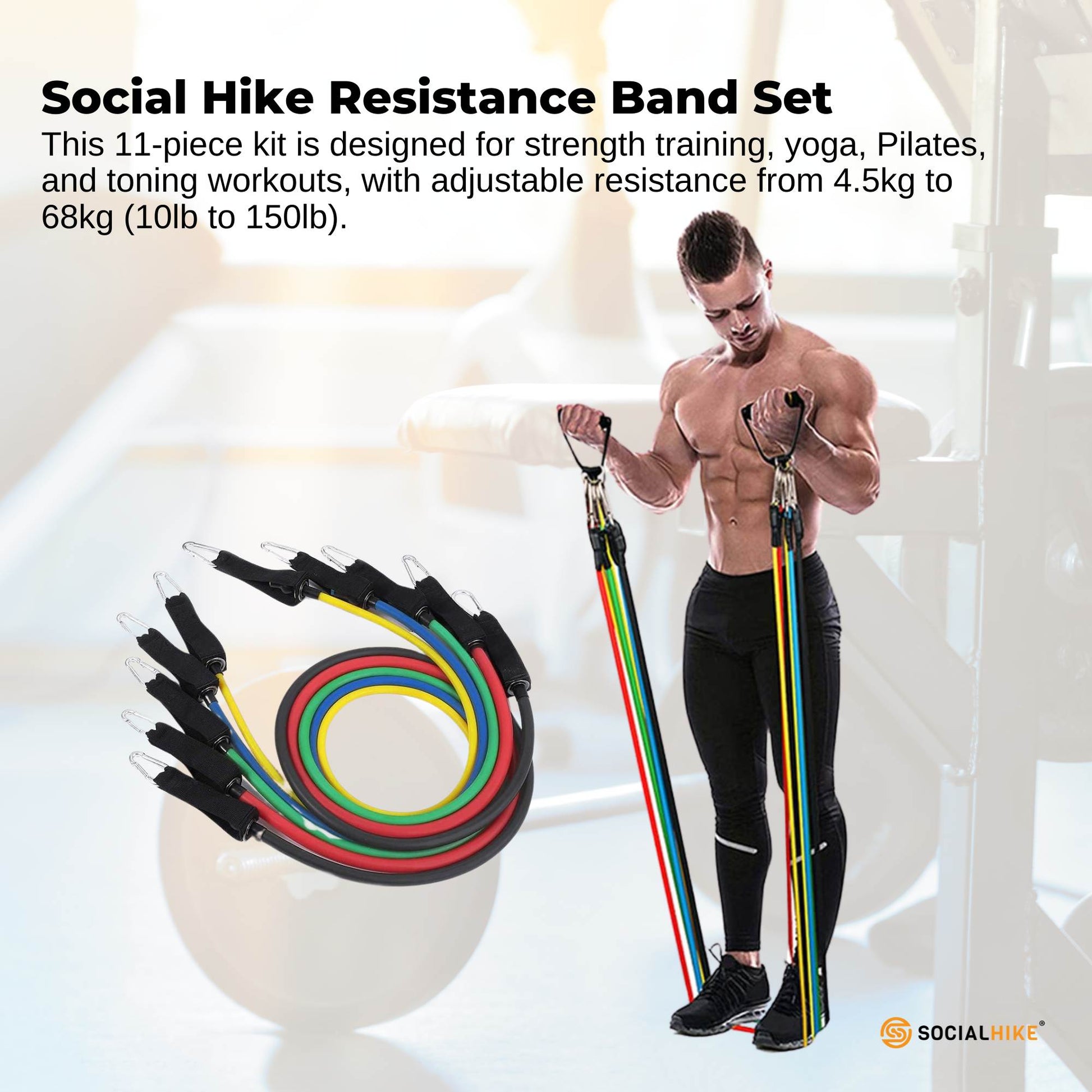 Social Hike Resistance Band Set with Handles - 11pcs Home Workout Kit 4.5-68kg - Image 2