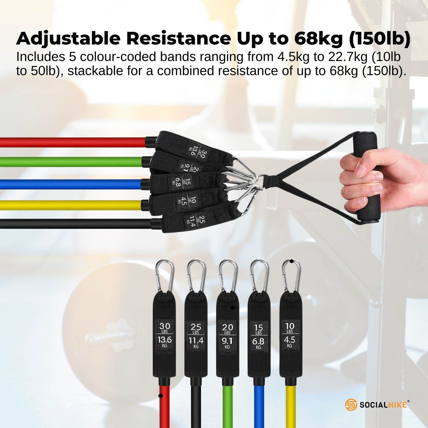 Social Hike Resistance Band Set with Handles - 11pcs Home Workout Kit 4.5-68kg - Image 3