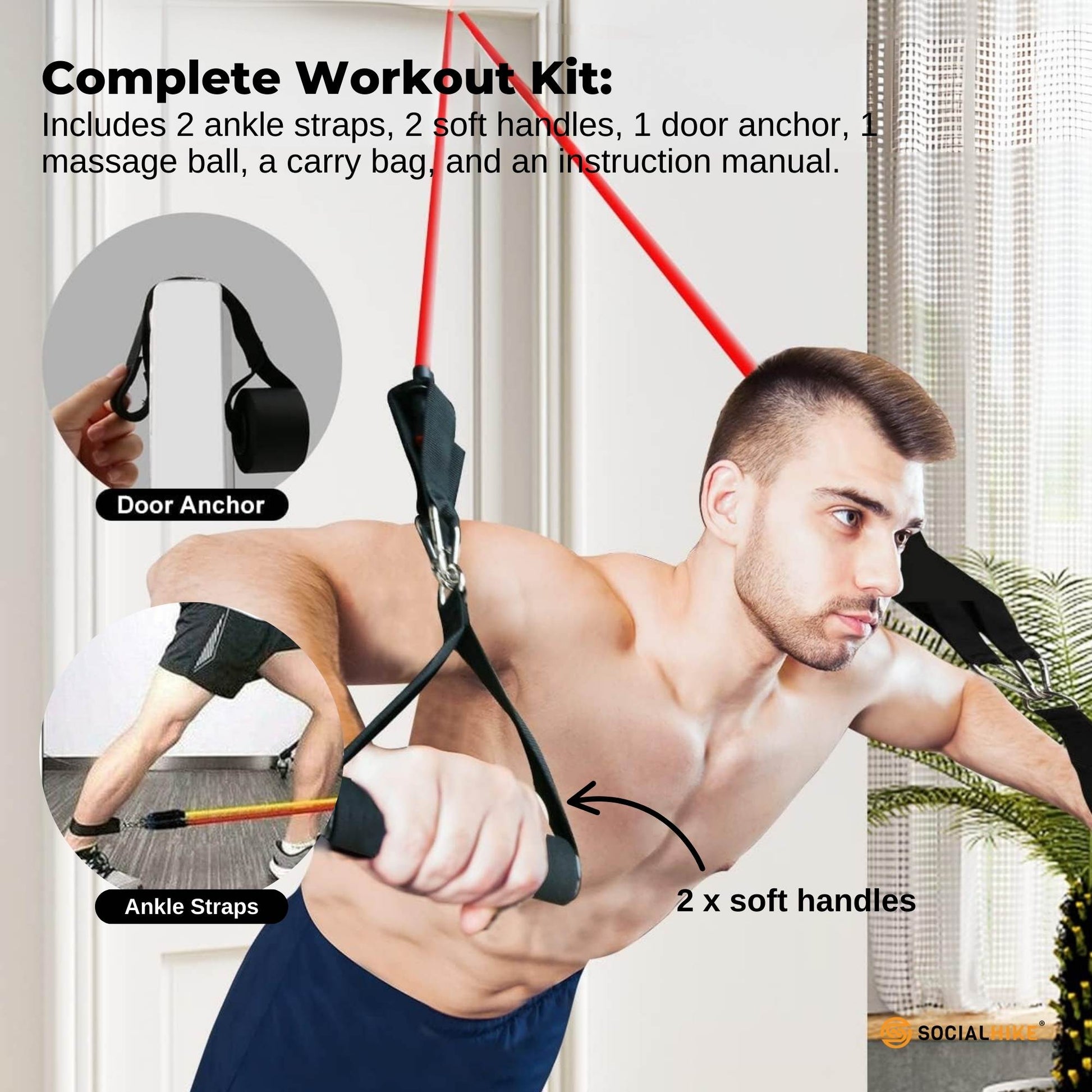 Social Hike Resistance Band Set with Handles - 11pcs Home Workout Kit 4.5-68kg - Image 6