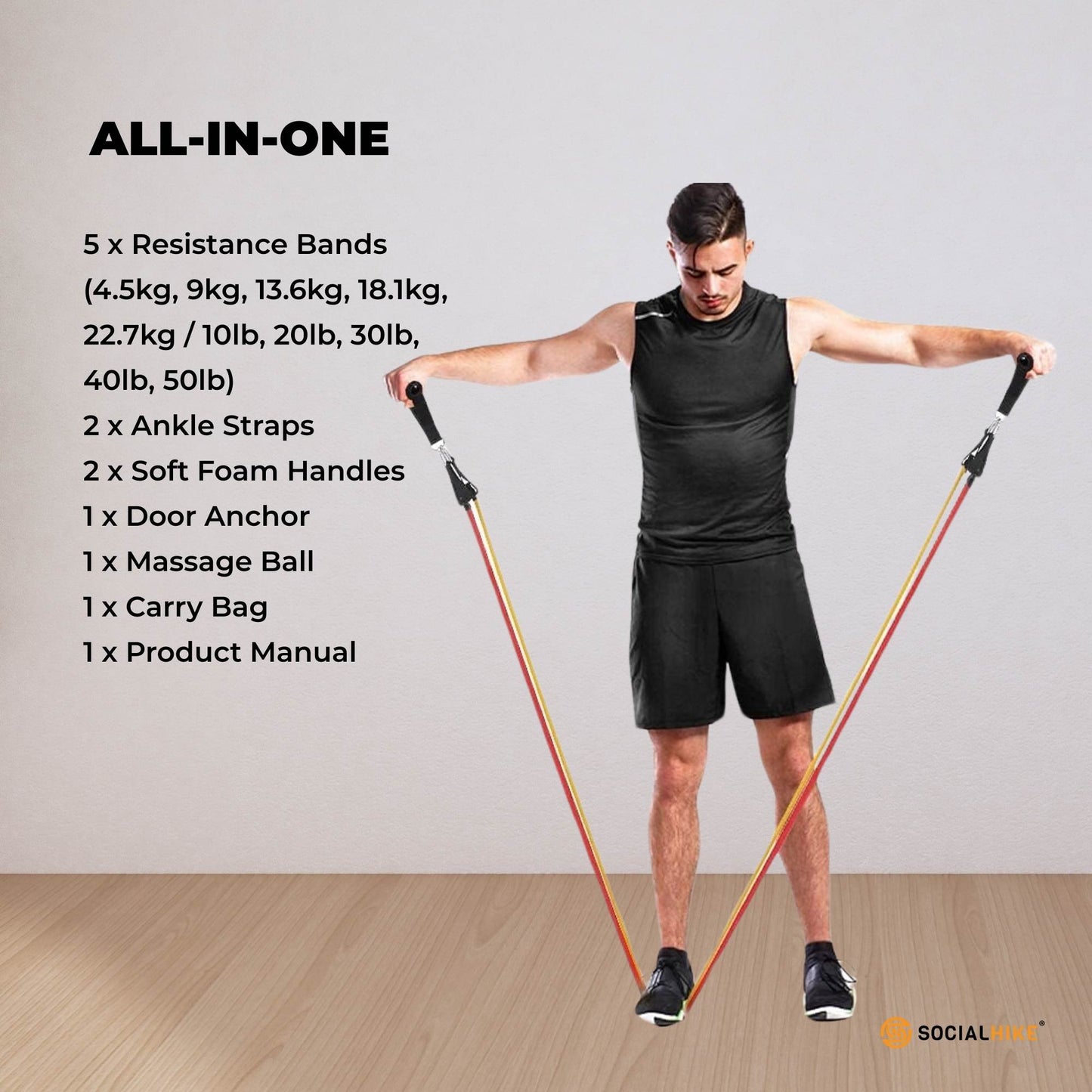 Social Hike Resistance Band Set with Handles - 11pcs Home Workout Kit 4.5-68kg - Image 7