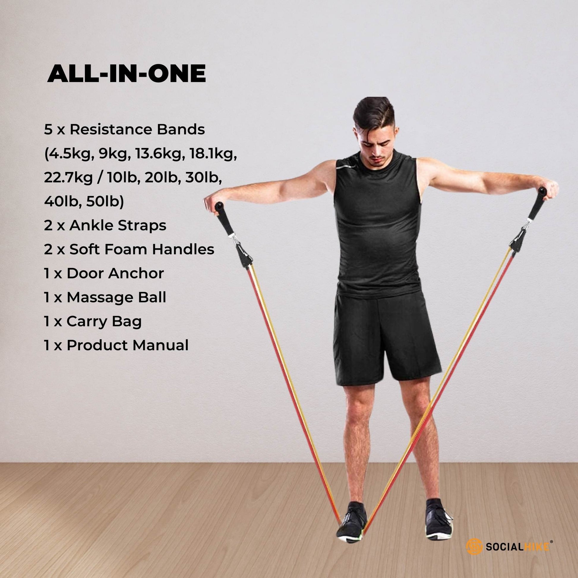 Social Hike Resistance Band Set with Handles - 11pcs Home Workout Kit 4.5-68kg - Image 7