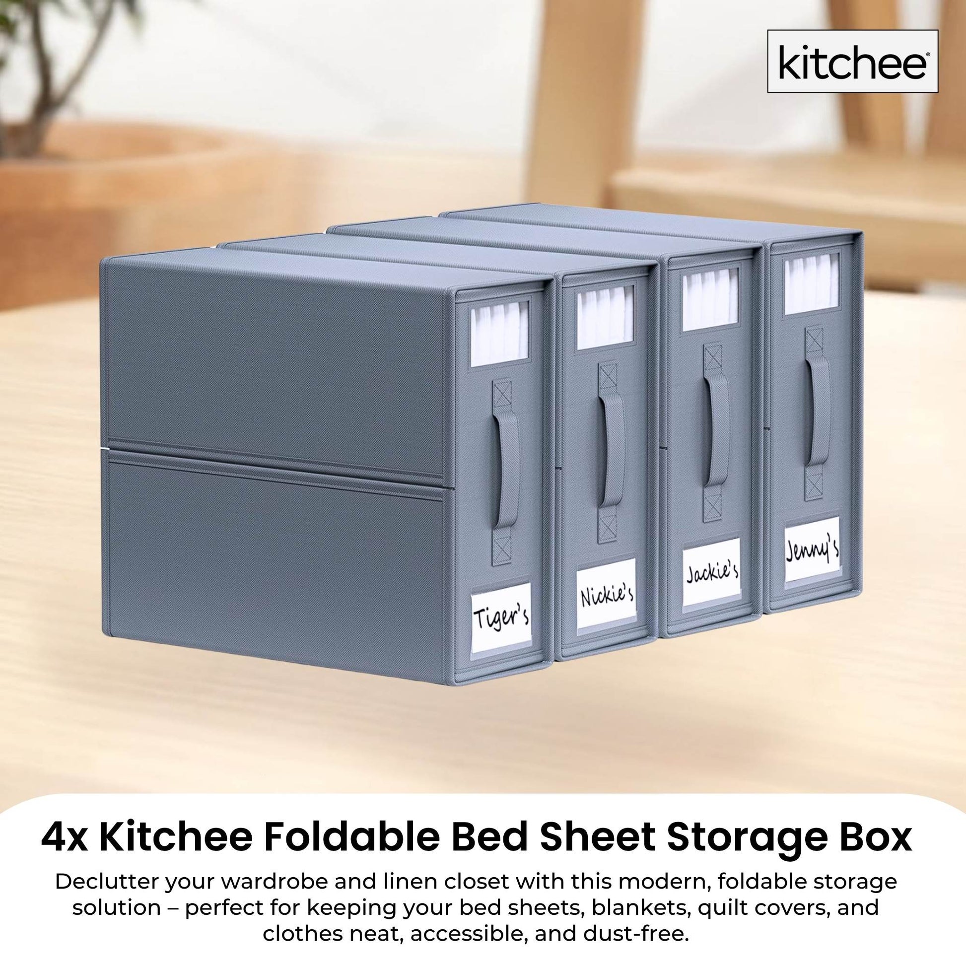 4x Kitchee Foldable Bed Sheet Storage Box - Linen and Closet Organiser Grey - Image 2