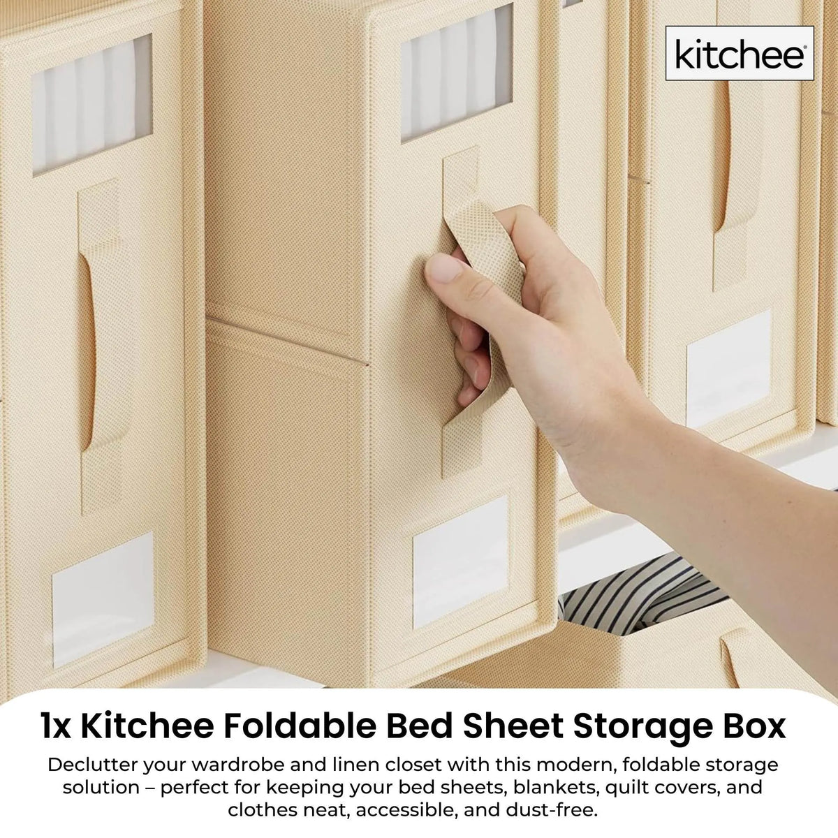 Kitchee Foldable Bed Sheet Storage Box - Linen + Closet Organiser Beige - Image 2
