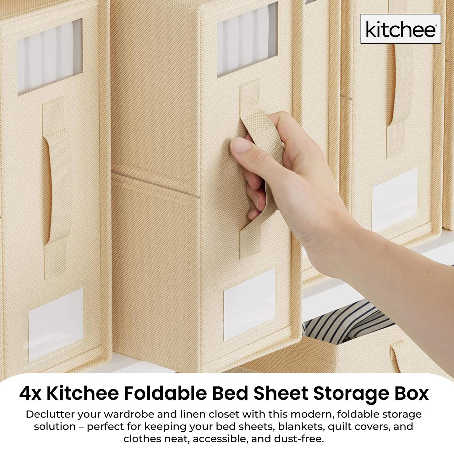 4x Kitchee Foldable Bed Sheet Storage Box - Linen and Closet Organiser Beige - Image 2