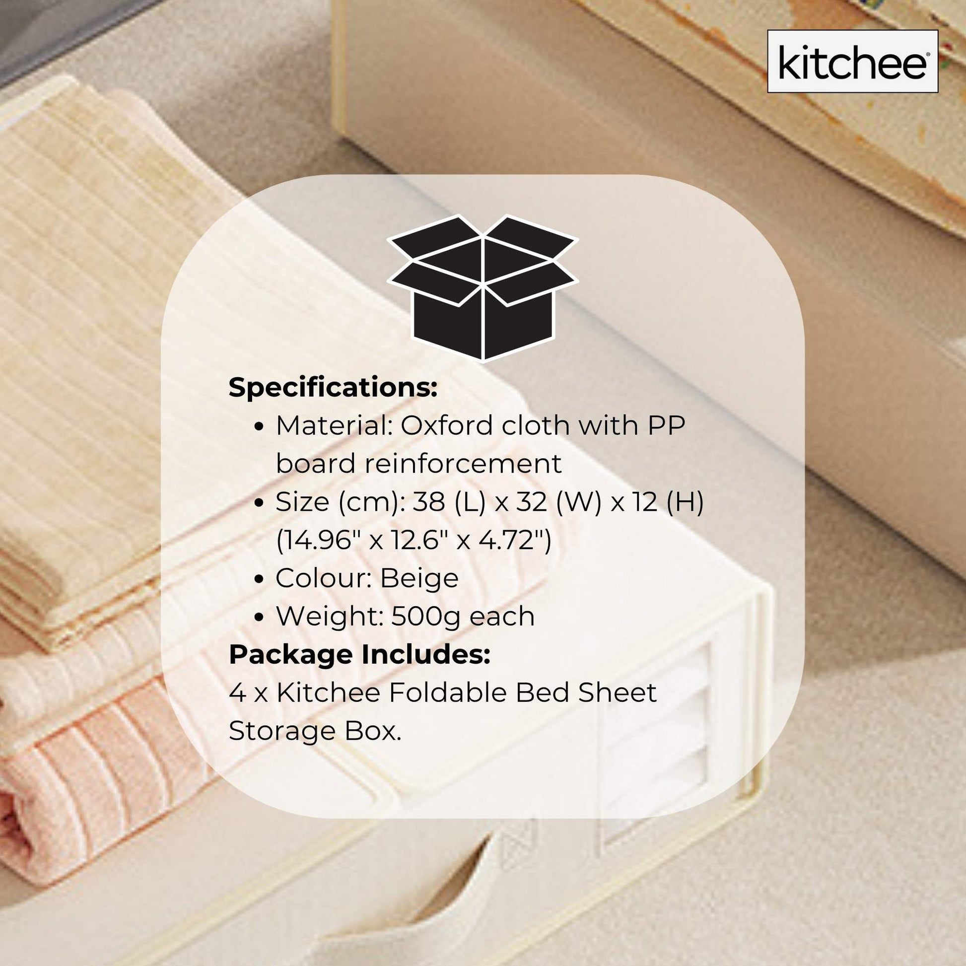 4x Kitchee Foldable Bed Sheet Storage Box - Linen and Closet Organiser Beige - Image 8