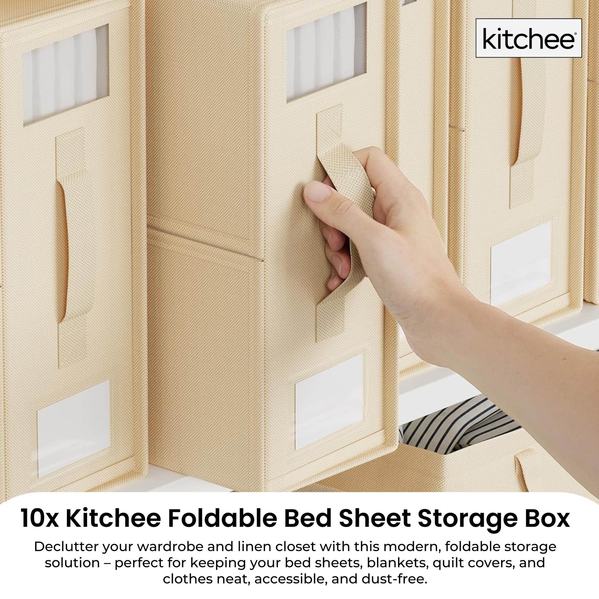 10x Kitchee Foldable Bed Sheet Storage Box - Linen and Closet Organiser Beige - Image 2