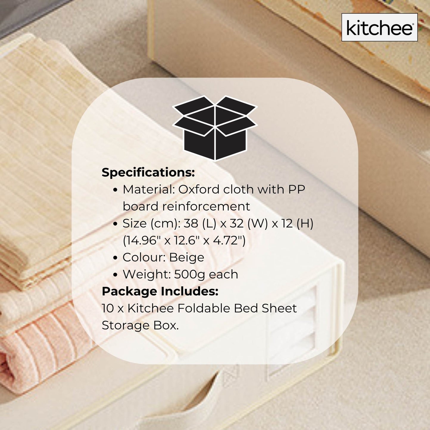 10x Kitchee Foldable Bed Sheet Storage Box - Linen and Closet Organiser Beige - Image 8