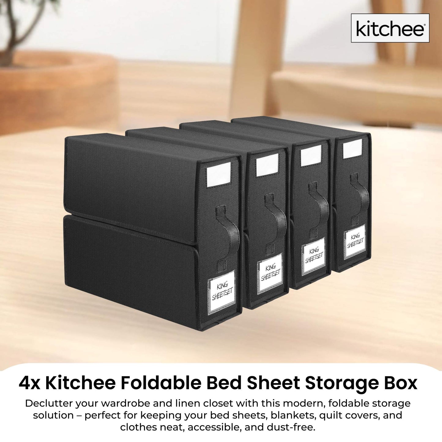 4x Kitchee Foldable Bed Sheet Storage Box - Linen and Closet Organiser Black - Image 2