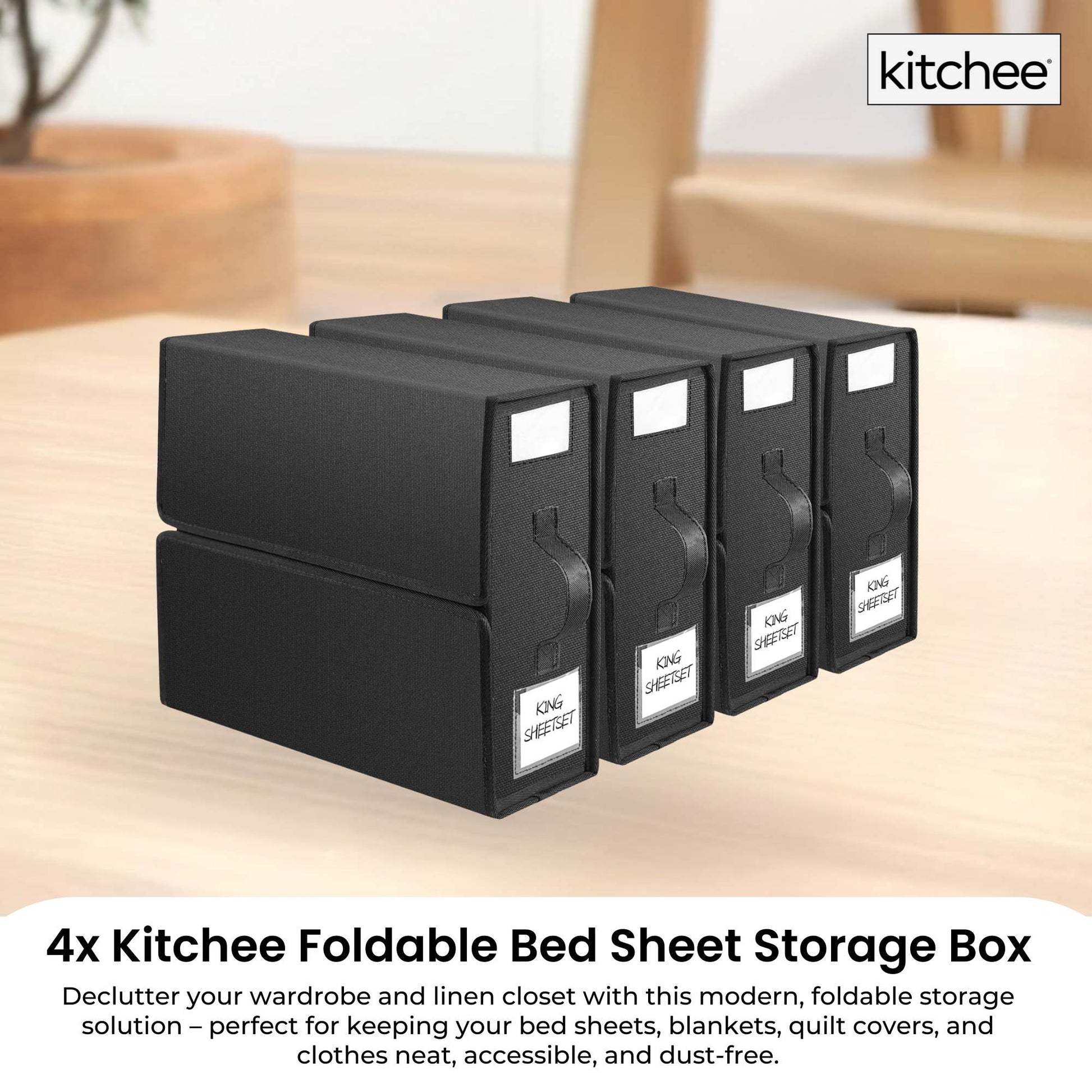 4x Kitchee Foldable Bed Sheet Storage Box - Linen and Closet Organiser Black - Image 2
