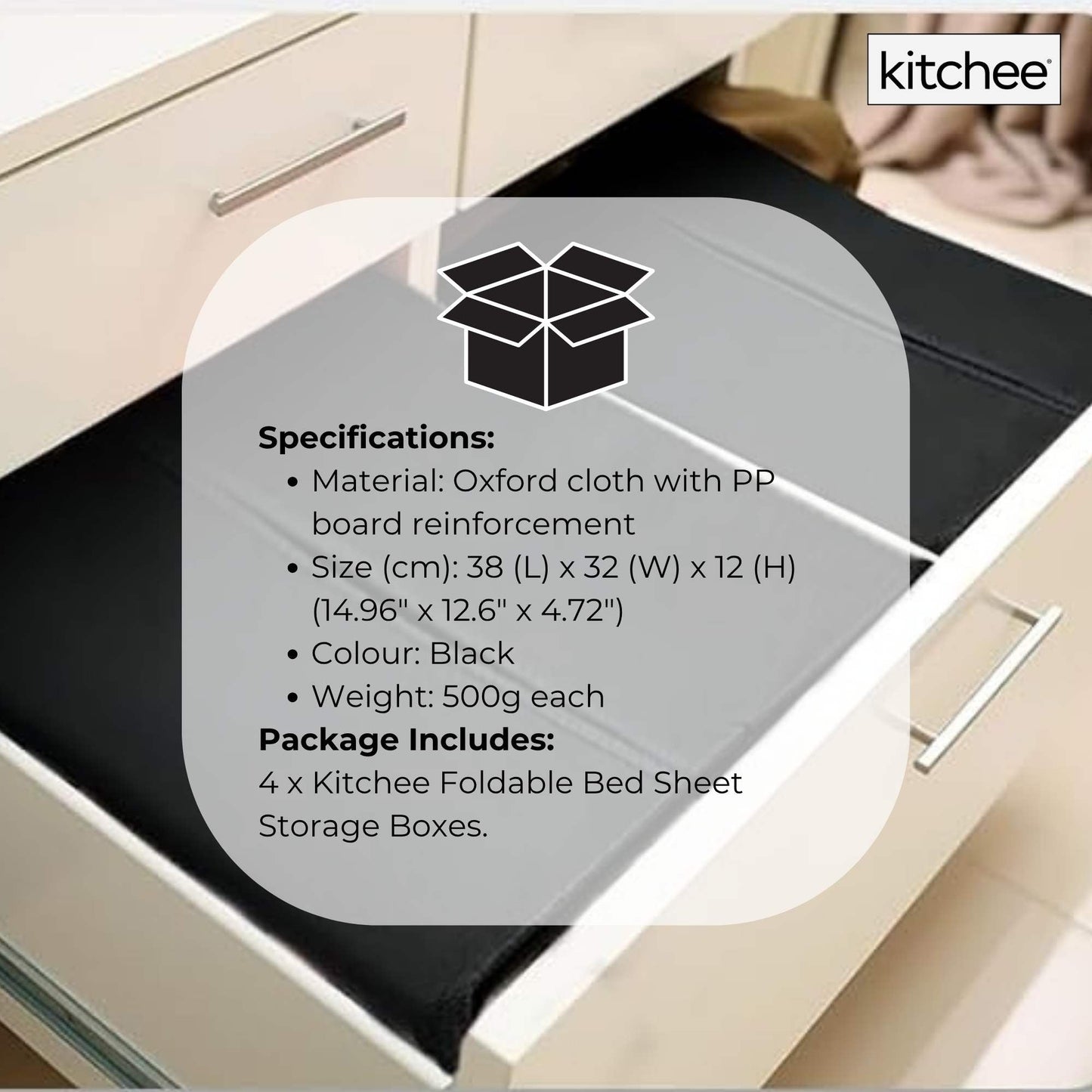 4x Kitchee Foldable Bed Sheet Storage Box - Linen and Closet Organiser Black - Image 8