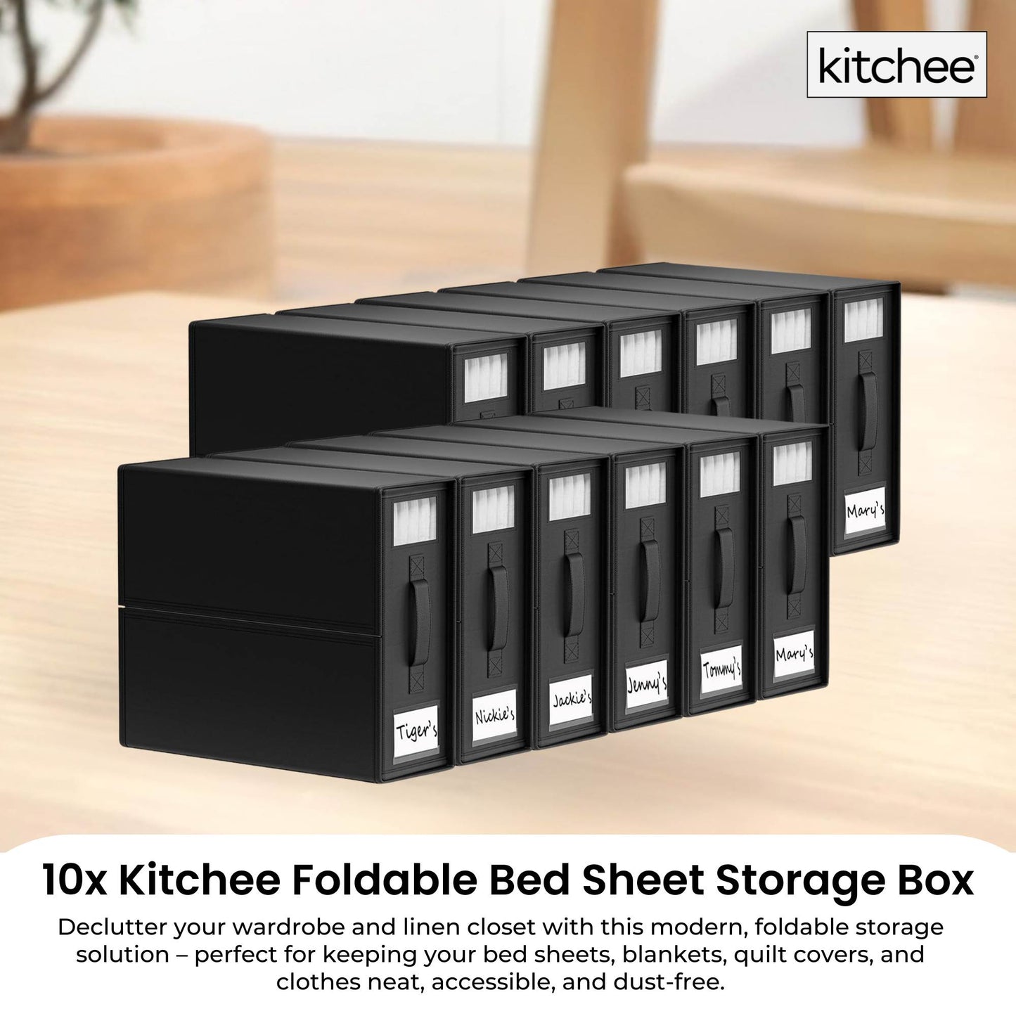 10x Kitchee Foldable Bed Sheet Storage Box - Linen and Closet Organiser Black - Image 2