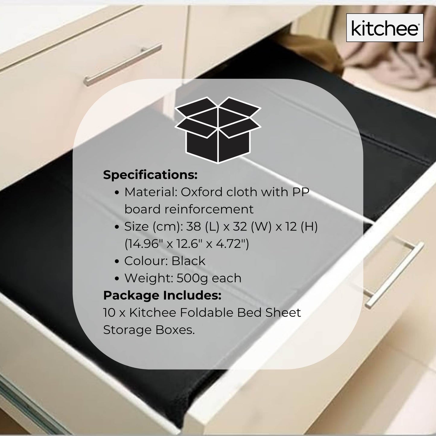 10x Kitchee Foldable Bed Sheet Storage Box - Linen and Closet Organiser Black - Image 8